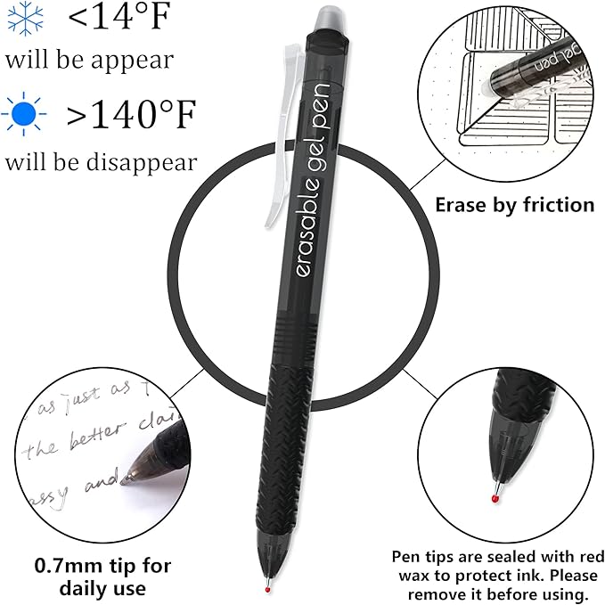 Vanstek 18 Pack Retractable Erasable Gel Pens Clicker, 9 Black & 9 Blue, Fine Point(0.7), Make Mistakes Disappear, Premium Comfort Grip Black & Blue Ink for Writting, Note Taking and Crossword Puzzles