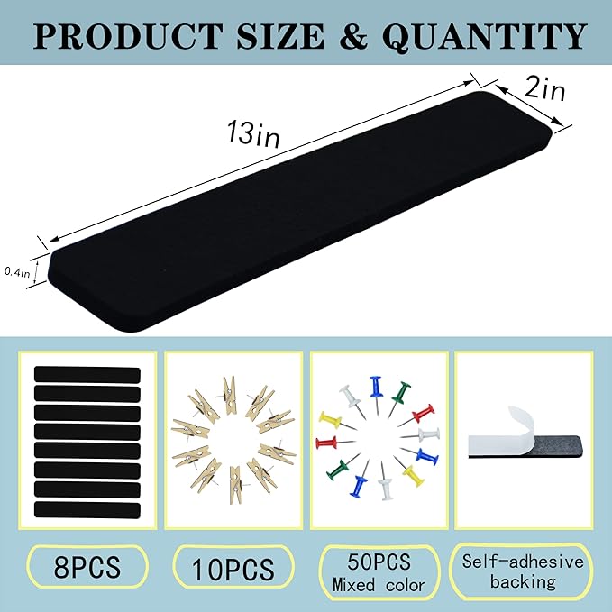 Black Bulletin Board Strips, 8Pcs Felt Pin Board Bar Strips with 50 Pushpins, Self-Adhesive Felt Cork Board Strips for Wall to Display Your Notes, Photos, Schedules, Announcements