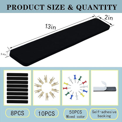 Black Bulletin Board Strips, 8Pcs Felt Pin Board Bar Strips with 50 Pushpins, Self-Adhesive Felt Cork Board Strips for Wall to Display Your Notes, Photos, Schedules, Announcements