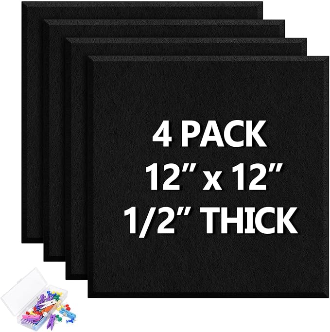4 Pack Cork Board Tiles 12x12 Inches, 1/2" Thick Felt Cork Squares with 30 Push Pins, Bulletin Board Pin Board, Adhesive Cork Board for for Wall for Home, Office, and Kitchen (Black)