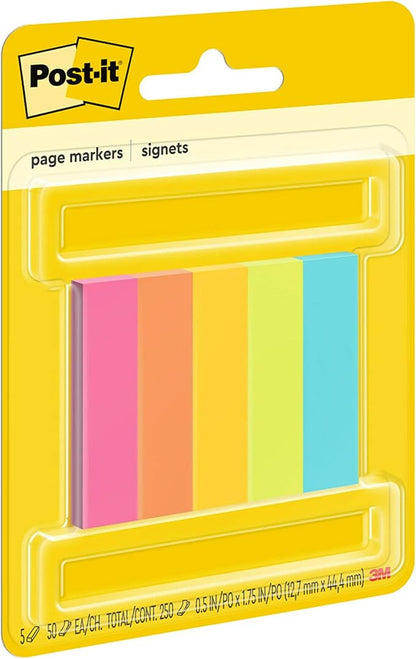 Post-it Page Markers, Assorted Colors, 1/2 in x 2 in, 50 Sheets/Pad, 5 Pads/Pack (670-5AF)