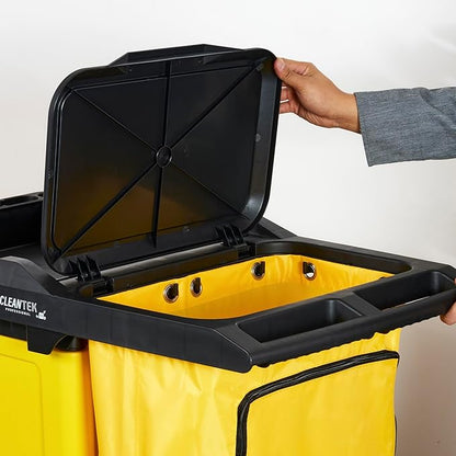 Restaurantware-Clean Tek Professional 3-Shelf Janitor Cart with Wheels, 1 Cleaning Trolley with Cover and 21 Gallon Bag - Includes 1 Single Locking Cabinet, Heavy-Duty, Gray Plastic Janitorial Cart
