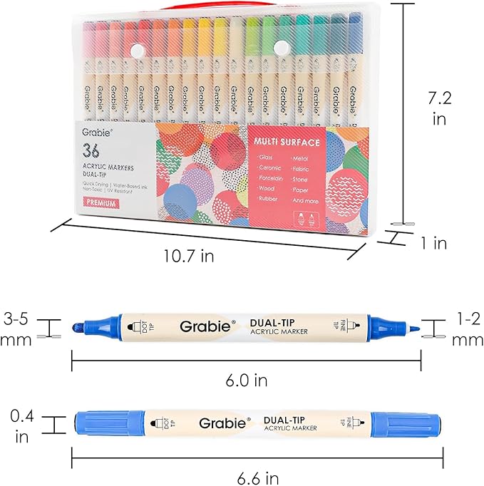 Grabie 36 Colors Dot Paint Acrylic Paint Pens, Acrylic Paint Markers Dual Tip (Fine 1mm + Dot 5mm), Acrylic Markers for Fabric, Canvas, Rock, Glass, Wood, Paper, DIY, Dot Markers for Adults