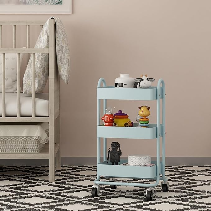 3-Tier Rolling Cart with Wheels,Kitchen Storage Carts or Metal Rolling Utility Cart with Handle,Movable Storage Organizer,Blue Carts for Nursery, Kitchen, Bathroom, Craft Room（13.4"x18.1"x31"）