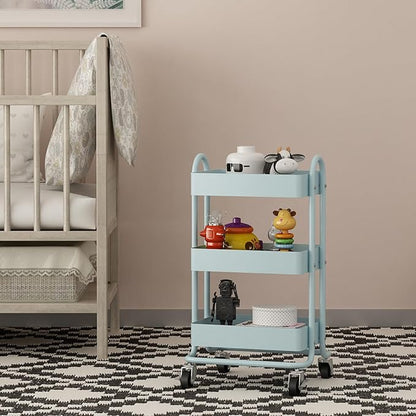 3-Tier Rolling Cart with Wheels,Kitchen Storage Carts or Metal Rolling Utility Cart with Handle,Movable Storage Organizer,Blue Carts for Nursery, Kitchen, Bathroom, Craft Room（13.4"x18.1"x31"）