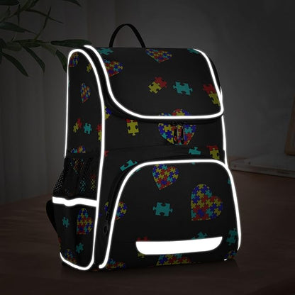 Autism Awareness Colorful Puzzle Backpack with Reflective Strip for Kids Boys Girls Elementary School Bag Removable Chest Strap
