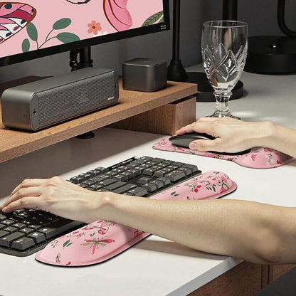 iCasso Ergonomic Mouse Pad with Wrist Rest, Keyboard Wrist Rest Mouse Wrist Rest, Made of Memory Foam, Easy Typing and Relieve Wrist Pain, Perfect for Computer Keyboard Office(Pink Butterfly)