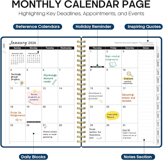 2026 Planner, Weekly and Monthly Calender Planner, Jan 2026 to Dec 2026, Hardcover 2026 Calendar Planner Book with Tabs & Inner Pocket, Office Home School Supplies for Women & Men - A5 (6.3" x 8.5"), Navy Blue