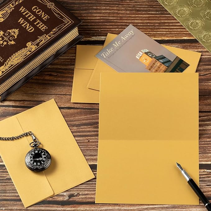 Wishop 50 Pack Shiny Self-Adhesive Envelopes with Shiny Fold Cards for Wedding Invitations, Greeting Cards, Baby Shower, Letter Mailing (Gold, 5x7)