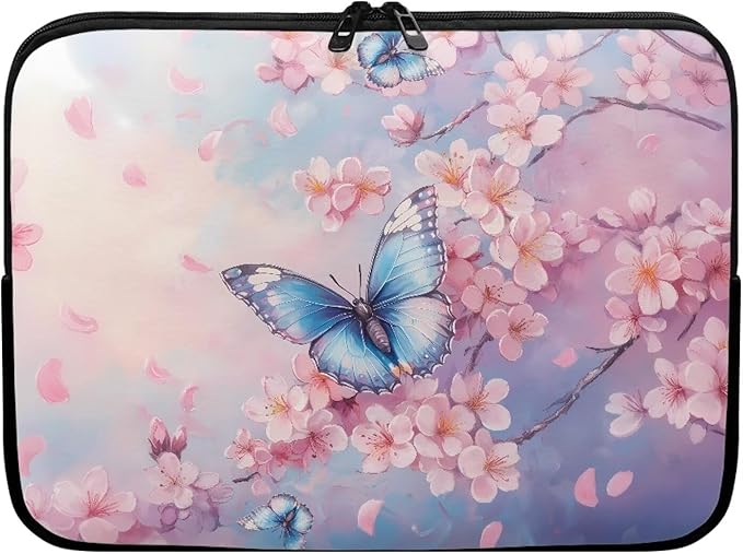Butterfly Print Laptop Bag for Girls, 12 Inch Peach Blossom Laptop Sleeve Soft Laptop Case Bag for Girls, Waterproof Laptop Briefcase Computer Bag with Zipper