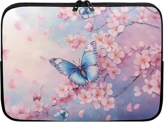 Butterfly Print Laptop Bag for Girls, 17 Inch Peach Blossom Laptop Sleeve Soft Laptop Case Bag for Girls, Waterproof Laptop Briefcase Computer Bag with Zipper