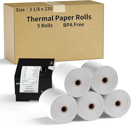 CLASSY Thermal Paper 3 1/8 x 230ft, 5 Rolls Receipt Paper for Cash Registers Printer, ATM Machine,Compatible with Wide Range of POS Systems for Small Business,BPA Free