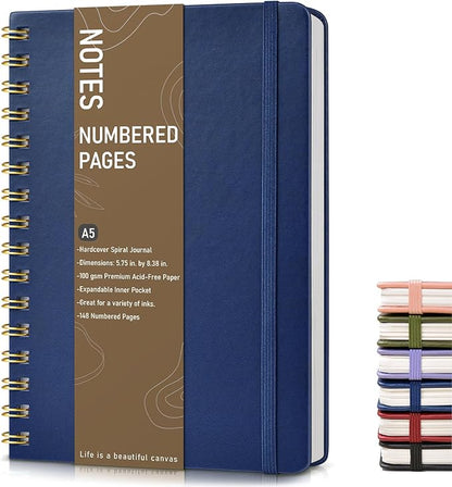 Lined Spiral Journal Notebook, A5 Hardcover Spiral Journals for Women Men, 150 Numbered Pages Spiral Bound Notebook, 100 GSM College Ruled Notebooks for Writing Note Taking 5.75" x 8.38", Navy Blue