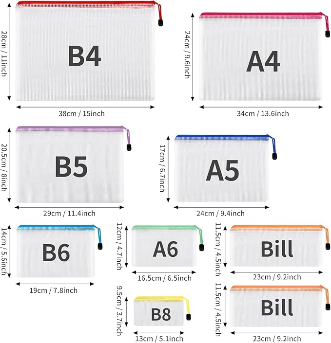 EOOUT 30pcs Mesh Zipper Pouch Bags, 8 Sizes Plastic Zipper Bags, 8 Colors Waterproof Zipper Pouches for Organization, Multipurpose for Travel, School Supplies, Office Appliances and Home Organization