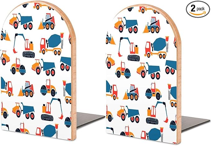 2 Pack Wood Bookends, Cars Excavators Pattern Non-Skid Book Ends for Heave Books, Decorative Bookends for Shelves Desk, Book Stoppers Book Holders for Home Office Library School