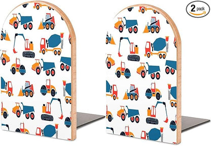 2 Pack Wood Bookends, Cars Excavators Pattern Non-Skid Book Ends for Heave Books, Decorative Bookends for Shelves Desk, Book Stoppers Book Holders for Home Office Library School