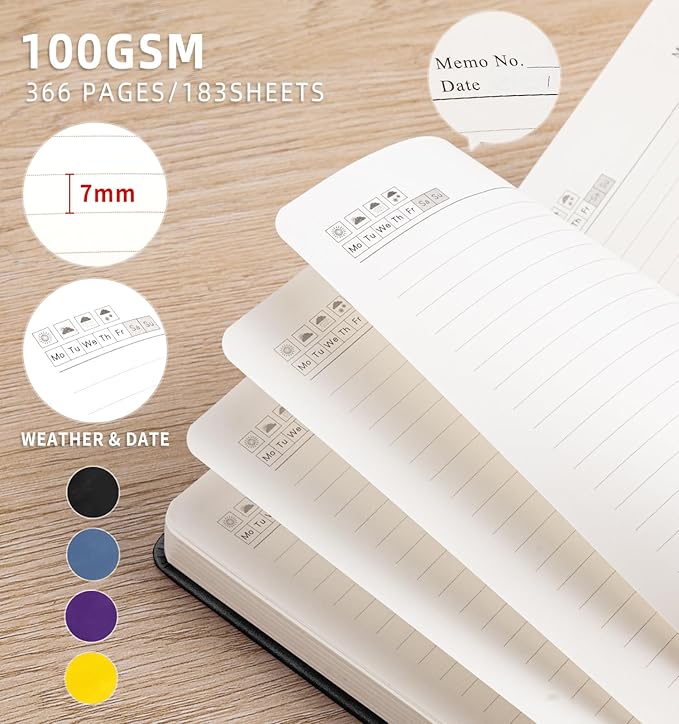 Lined Journal Notebook 365 Pages, A5 Leather Journals for Writing Women & Men, Hardcover Notebook with 100GSM Thick Paper, Daily Journal Notebook for Travel, Work, School, Note Taking, College Ruled