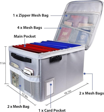 File Box with Lock, Fireproof Document Box File Organizer Box, Portable Office Collapsible File Storage with Reflective Strip for Hanging Letter/Legal Size Folder/Certificate