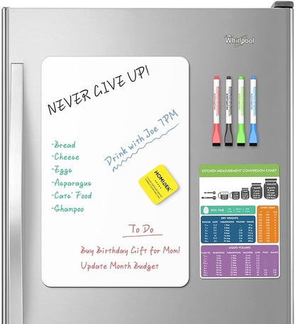 Magnetic Dry Erase Board: Small Fridge Whiteboard, Flexible Refrigerator Magnet White Board, Blank Writing Note Sheet with Kitchen Conversion Chart Magnet, 4 Markers & Eraser - 17 x 11