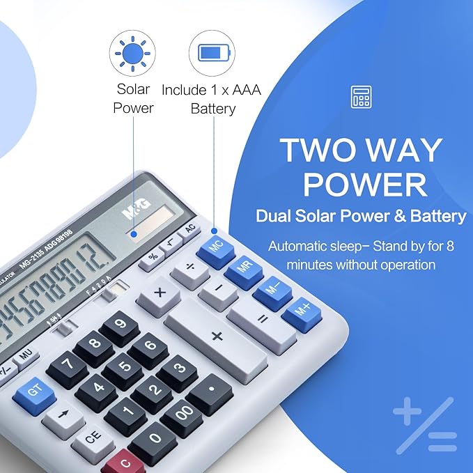 M&G Desktop Calculator 12 Digits Extra Large LCD Display, Dual Solar Power and Battery, Mechanical Calculator with Big Buttons, Battery Include, Basic Financial Calculator for Office Home School