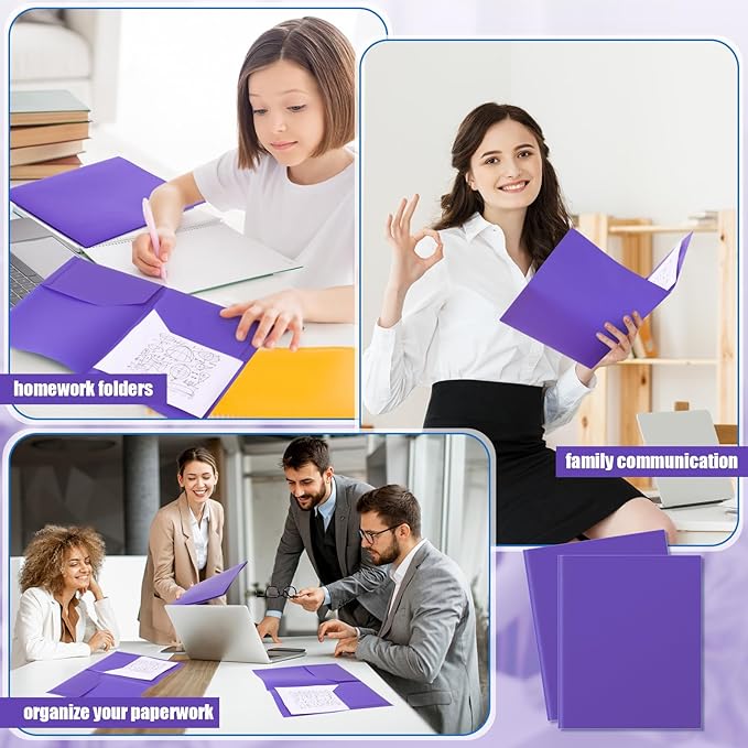 Gueevin 50 Pcs Plastic Folders with Pockets, Two Pocket Folder Fit Letter Size, Heavy Duty School Business Card Holder for Home Office School Bussiness, 11.61 x 9.45 Inches (Purple)