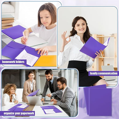 Gueevin 50 Pcs Plastic Folders with Pockets, Two Pocket Folder Fit Letter Size, Heavy Duty School Business Card Holder for Home Office School Bussiness, 11.61 x 9.45 Inches (Purple)