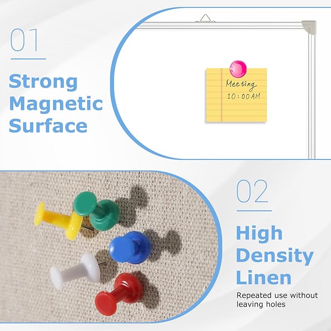 DOLLAR BOSS Foldable Linen Cork Board White Board Combo 60 x 40 in Extra Large Magnetic Whiteboard Dry Erase Bulletin Board Portable Double Sided Aluminum Frame Pin Board for School Office, White