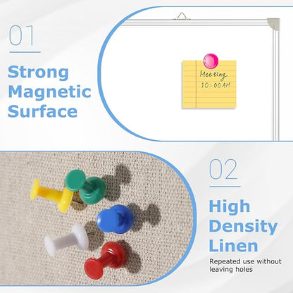 DOLLAR BOSS Foldable Linen Cork Board White Board Combo 60 x 40 in Extra Large Magnetic Whiteboard Dry Erase Bulletin Board Portable Double Sided Aluminum Frame Pin Board for School Office, White