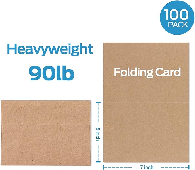 Blank Cards and Envelopes 100 Pack, Ohuhu 5 x 7 Heavyweight Kraft Paper Folded Cardstock and A7 Envelopes for DIY Greeting Cards, Wedding, Birthday, Invitations, Shower, Thank You Cards & All Occasion