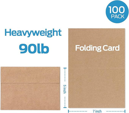 Blank Cards and Envelopes 100 Pack, Ohuhu 5 x 7 Heavyweight Kraft Paper Folded Cardstock and A7 Envelopes for DIY Greeting Cards, Wedding, Birthday, Invitations, Shower, Thank You Cards & All Occasion