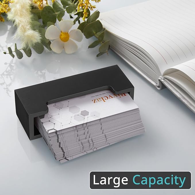 Black Business Card Holder Desk, Wood Business Card Organizer Desktop Business Card Display Stand for Office Tabletop Exhibition, Small Business Essentials