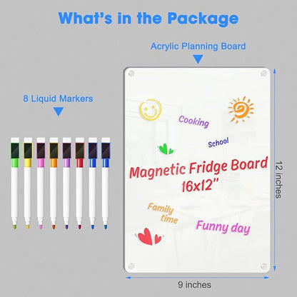 Acrylic Dry Erase Board Whiteboard for Fridge Meal Planner Menu Board for Kitchen to do List Shopping List Grocery List Family Dinner Refrigerator Chore Chart Board 2024 Planning Board, Pure White