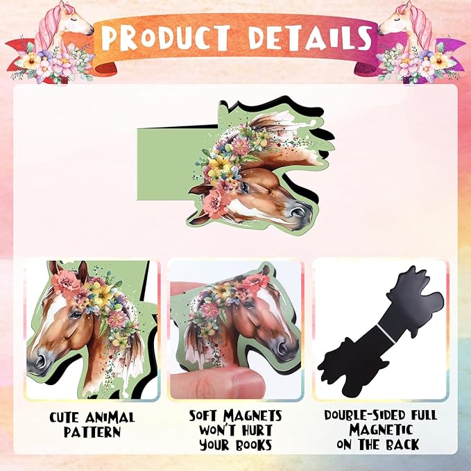 Horse Magnetic Bookmark Gifts - 12 Pcs Funny Animal Magnetic Bookmarks Flower Horse Book Mark Magnets Page Marker Clip Gift for Book Lovers Students Teacher School Reading Book Marks