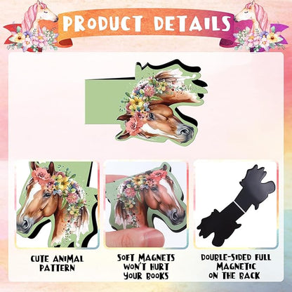 Horse Magnetic Bookmark Gifts - 12 Pcs Funny Animal Magnetic Bookmarks Flower Horse Book Mark Magnets Page Marker Clip Gift for Book Lovers Students Teacher School Reading Book Marks