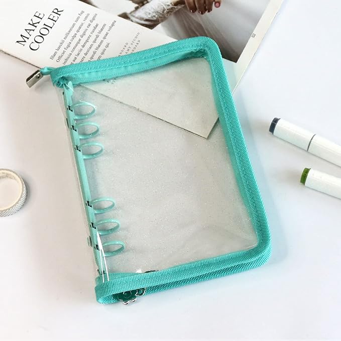 Multibey A5 Binder Cover Clear Soft PVC 6-Ring Binder Budget Cash Evelopes System with Zipper Planner Organizer Refillable Notebook Journal Binder (Cyan, A6)