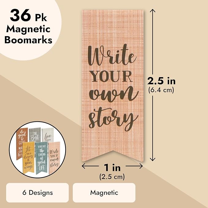 Paper Junkie 36-Pack Inspirational Magnetic Bookmarks for Women with Motivational Quotes, Bulk Magnet Page Clips for Students, Teachers, Office, Reading, 6 Designs (2.5x1 in)