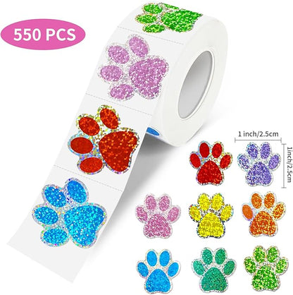 Paw Print Stickers,1" Holographic Shiny Bear Paw Print Stickers,Dog Puppy Paw Stickers Bear Paw Stickers with Perforation Line (550 PCS,Multicolor)