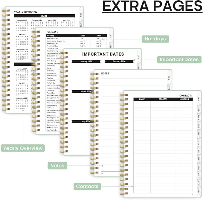 2026 Planner, Weekly and Monthly Calendar Planner, January 2026 - December 2026, Hardcover 2026 Calendar Planner Book with Tabs For Women & Men, Inner Pocket, Spiral Bound, Perfect for Office Home School Supplies - A4 (8.5" x 11"), Mint