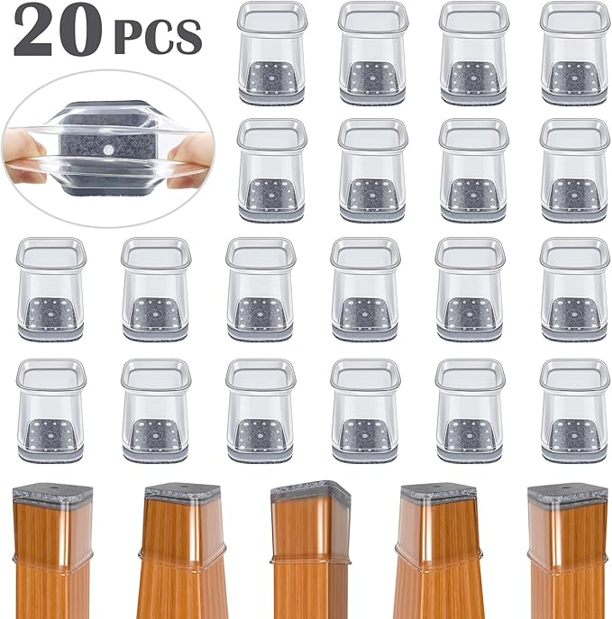 BUMACO Chair Leg Floor Protectors Square Chair Leg Protectors for Hardwood Floors Silicone Pads Covers to Protect Floors(Clear-20 Pcs, Square S (3/4" ~ 1")