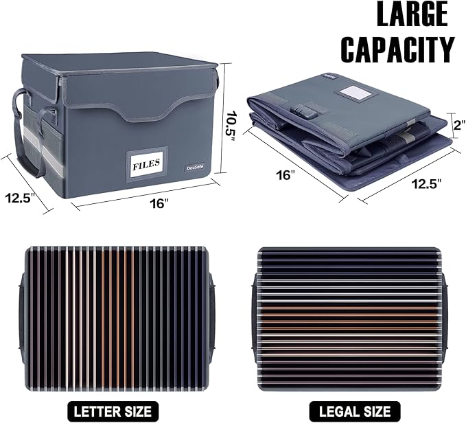 DocSafe File Box Fireproof Document Box with Lock, File Storage Organizer Box with Pockets,Collapsible Portable File Box Home Office File Cabinet with Handle for Hanging Letter/Legal Folder,Gray