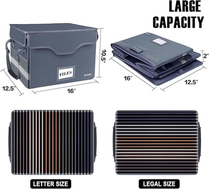 DocSafe File Box Fireproof Document Box with Lock, File Storage Organizer Box with Pockets,Collapsible Portable File Box Home Office File Cabinet with Handle for Hanging Letter/Legal Folder,Gray