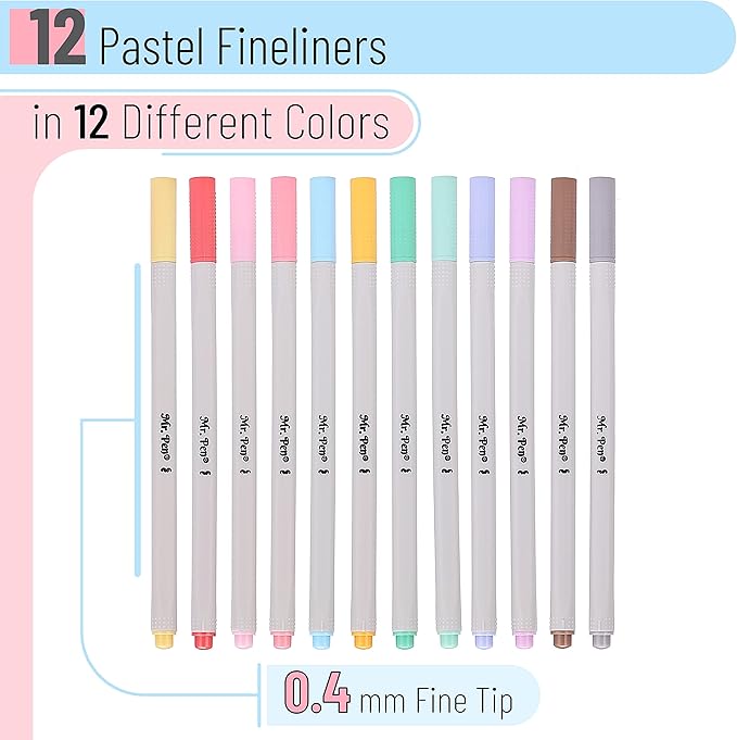 Mr. Pen- Fineliner Pastel Pens, 12 Pack, Pastel Colors, No Bleed Fine Point Pen, No Smudge Fine Tip Markers, Bible / Journal Pens, Drawing / Note Taking Pen