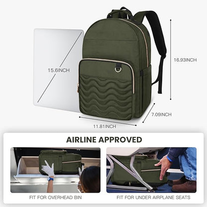 Travel Laptop Backpack for women, Work Backpack Woman with USB Charging Port, Water Resistant College Backpack, Stylish Quilted Girls Backpack Casual Daypack for 15.6 Inch Laptop, Green