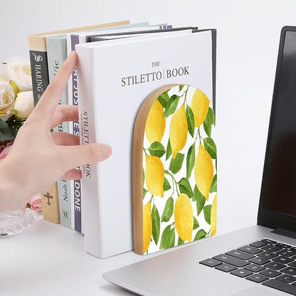 Lemon Tree Leaves Wooden Large Book Ends Bookends for Shelves, 2 Pack Non-Skid Bookends for Heave Books, Book Stoppers Holders for Kitchen Office Library, 6.7x4.7x3.9in
