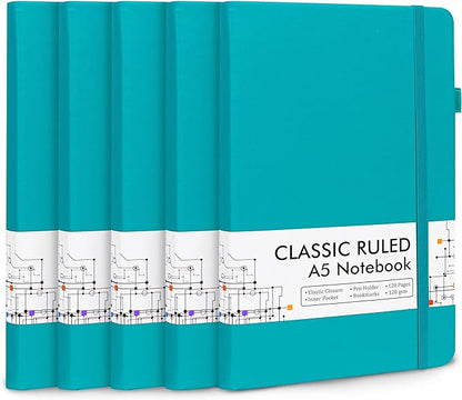 feela 5 Pack Journal Notebook Bulk for School, Hardcover Business Notebooks Classic Ruled Lined Journals with Pen Holder for Work Note Taking, with 5 Black Pens, 120 GSM, 5.1”x8.3”, A5, Emerald