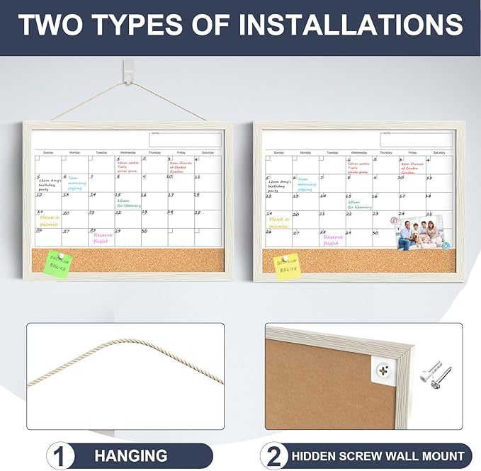 Calendar Whiteboard for Wall, 18x24 Inches Whiteboard Calendar Cork Board Combo, Magnetic White Board Monthly Calendar with Wood Framed, Hanging Dry Erase Board for Kitchen Home Office Planner