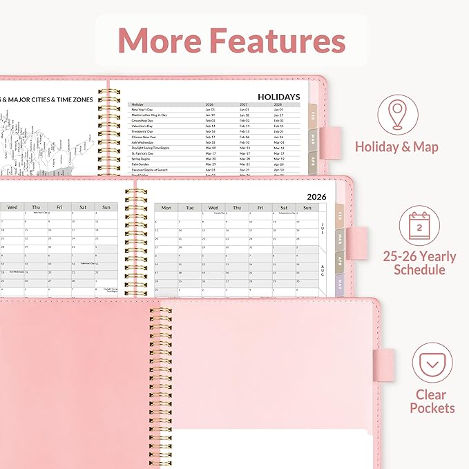 SUNEE 2026 Weekly & Monthly Planner 9"x11.2"- 12 Month (January 2026 - December 2026), Vegan Leather Cover, Pocket, Bookmark, Notes, Monthly Tab, Peach Pink