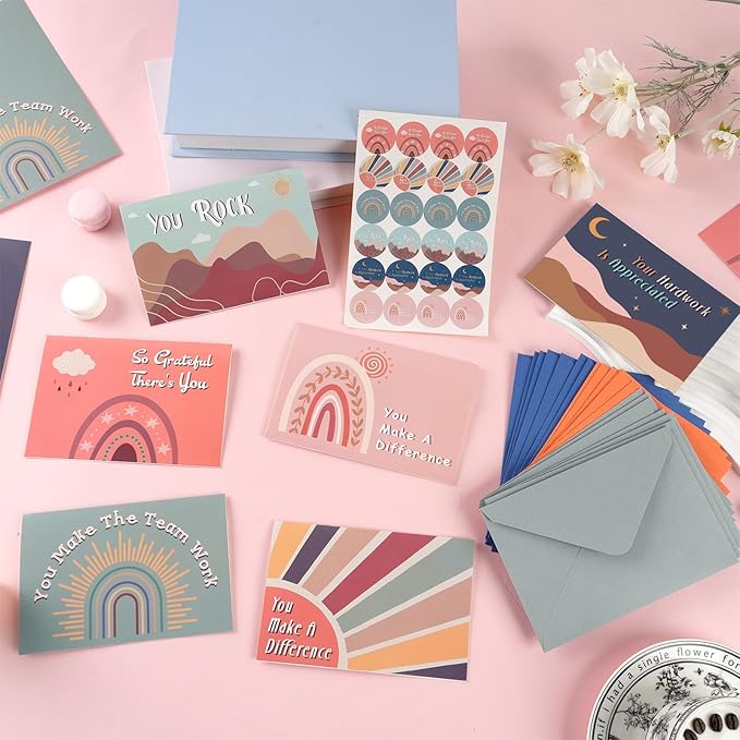 24 Pack Employee Appreciation Cards with Envelopes and Stickers, 6x4in Thank You Cards for Coworkers Recognition, Promotion, Work Anniversary Blank Inside, 6 Boho Designs