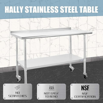 HALLY Stainless Steel Table for Prep & Work 24 x 60 Inches with Caster Wheels, NSF Commercial Heavy Duty Table with Undershelf and Backsplash for Restaurant, Home and Hotel