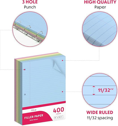 Colored Loose Leaf Paper, Wide Ruled, 400 Sheets (100/Pack) Filler Paper for Writing Notes - School, College, Office - 3 Hole-Punch Lined Sheets for Ring Binders, Pocket Folders - 8 x 10.5